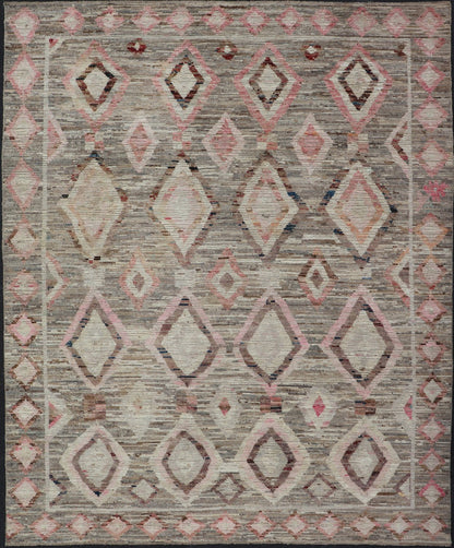Moroccan Style Modern Hand Knotted Rug In Tribal Design In Brown's, Pink, Gray. Keivan Woven Arts; rug AAR - 1002, country of origin / type: Afghanistan / Modern Casual, circa early - 21th century. Measures: 10'3 x 13'5 This modern casual tribal lar... - Keivan Woven ArtsAAR - 1002 - 23480Rug