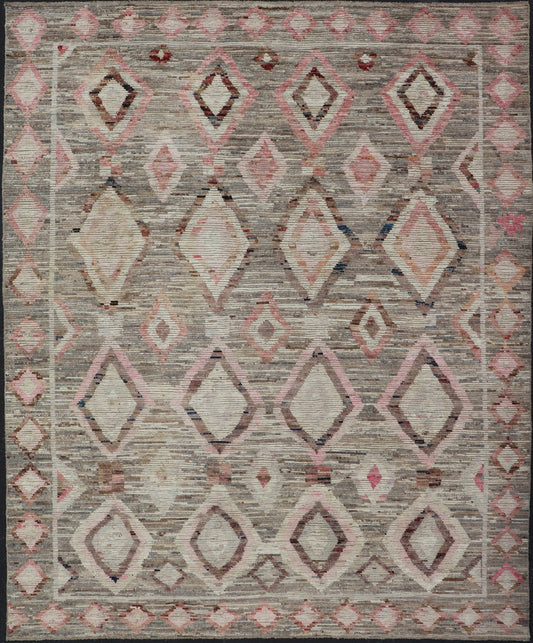 Moroccan Style Modern Hand Knotted Rug In Tribal Design In Brown's, Pink, Gray. Keivan Woven Arts; rug AAR - 1002, country of origin / type: Afghanistan / Modern Casual, circa early - 21th century. Measures: 10'3 x 13'5 This modern casual tribal lar... - Keivan Woven ArtsAAR - 1002 - 23480