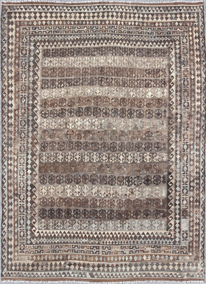 Large Natural Colored Kilim. Modern Kilim in Natural Colors and Undyed Wool in diamond tribal Design This exquisite large Kilim from Afghanistan features a repeating tribal design with alternating striped in various natural colors at its cen... - Keivan Woven ArtsABT - 8089142 - 8463Rug