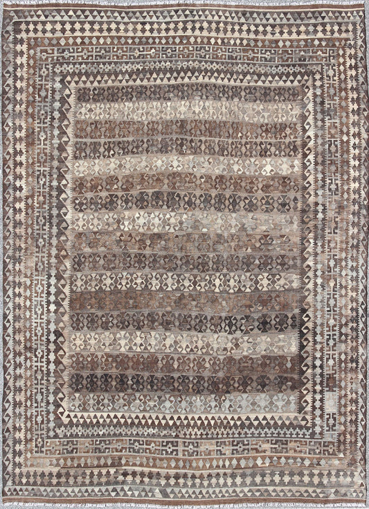 Large Natural Colored Kilim. Modern Kilim in Natural Colors and Undyed Wool in diamond tribal Design This exquisite large Kilim from Afghanistan features a repeating tribal design with alternating striped in various natural colors at its cen... - Keivan Woven ArtsABT - 8089142 - 8463Rug