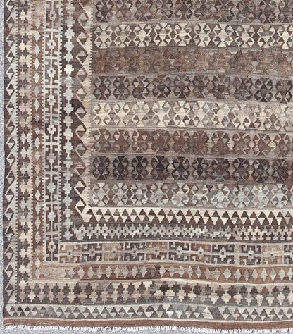 Large Natural Colored Kilim. Modern Kilim in Natural Colors and Undyed Wool in diamond tribal Design This exquisite large Kilim from Afghanistan features a repeating tribal design with alternating striped in various natural colors at its cen... - Keivan Woven ArtsABT - 8089142 - 8463Rug