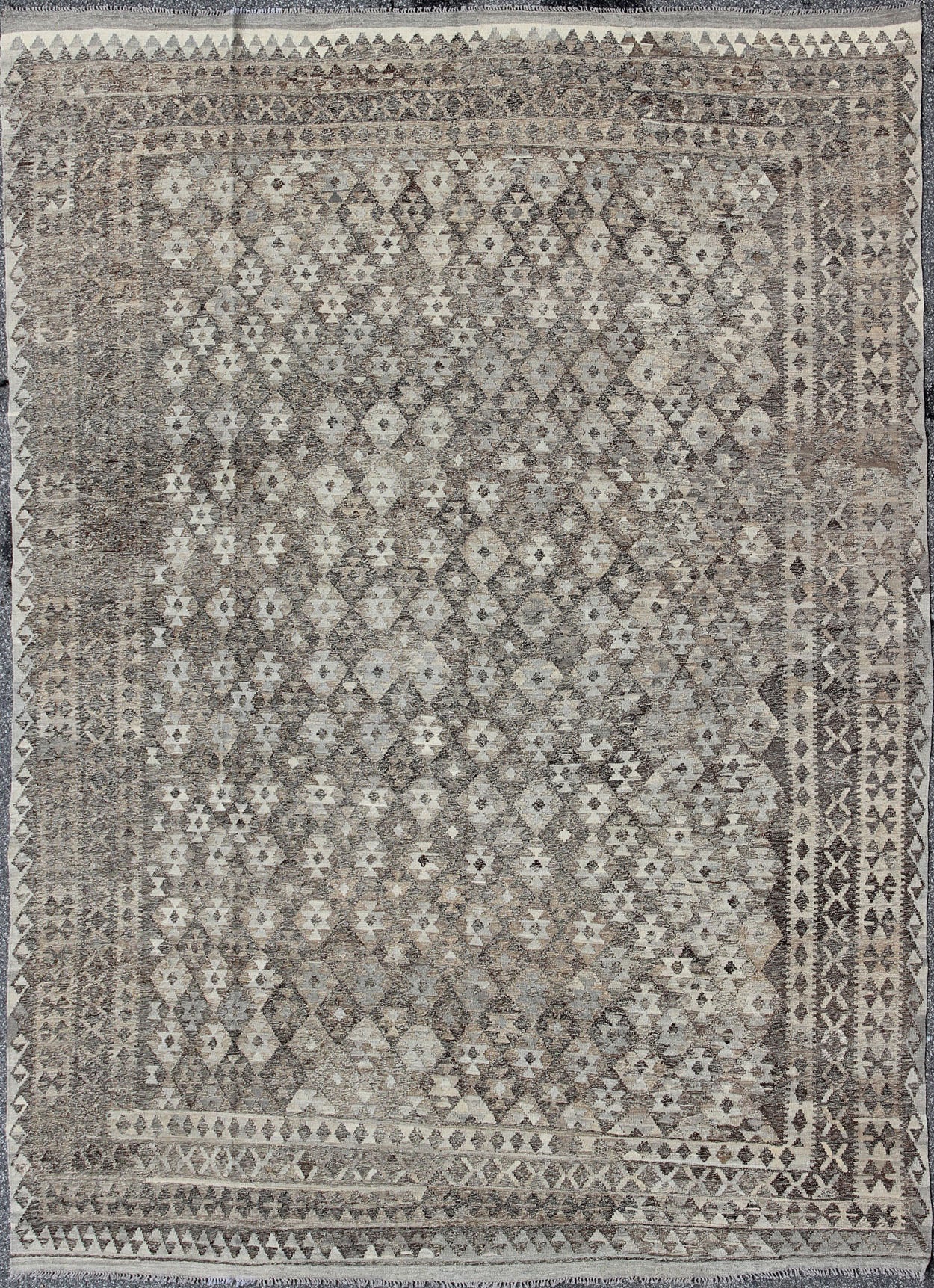 Modern Tribal Afghan Kilim. Measures: 10 x 13. This silver - grey colored piece features a design that evokes an easy vibe, perfect for any modern interior as well as any Classic interiors with a Minimalist floor design. This versatile rug could al... - Keivan Woven ArtsABT - 8120832 - 8489Rug