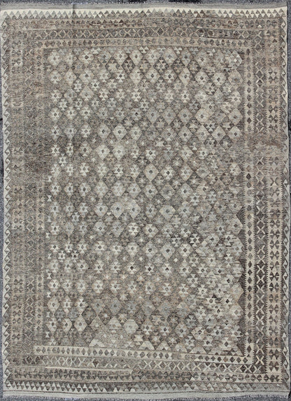 Modern Tribal Afghan Kilim. Measures: 10 x 13. This silver - grey colored piece features a design that evokes an easy vibe, perfect for any modern interior as well as any Classic interiors with a Minimalist floor design. This versatile rug could al... - Keivan Woven ArtsABT - 8120832 - 8489Rug