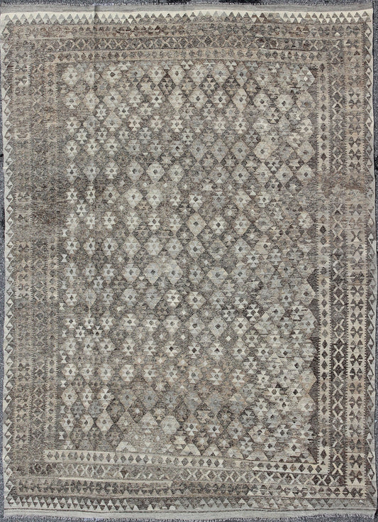 Modern Tribal Afghan Kilim. Measures: 10 x 13. This silver - grey colored piece features a design that evokes an easy vibe, perfect for any modern interior as well as any Classic interiors with a Minimalist floor design. This versatile rug could al... - Keivan Woven ArtsABT - 8120832 - 8489Rug