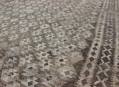 Modern Tribal Afghan Kilim. Measures: 10 x 13. This silver - grey colored piece features a design that evokes an easy vibe, perfect for any modern interior as well as any Classic interiors with a Minimalist floor design. This versatile rug could al... - Keivan Woven ArtsABT - 8120832 - 8489Rug