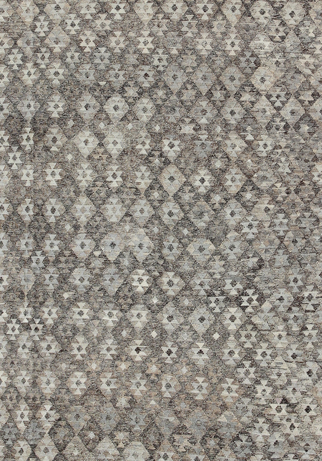 Modern Tribal Afghan Kilim. Measures: 10 x 13. This silver - grey colored piece features a design that evokes an easy vibe, perfect for any modern interior as well as any Classic interiors with a Minimalist floor design. This versatile rug could al... - Keivan Woven ArtsABT - 8120832 - 8489Rug