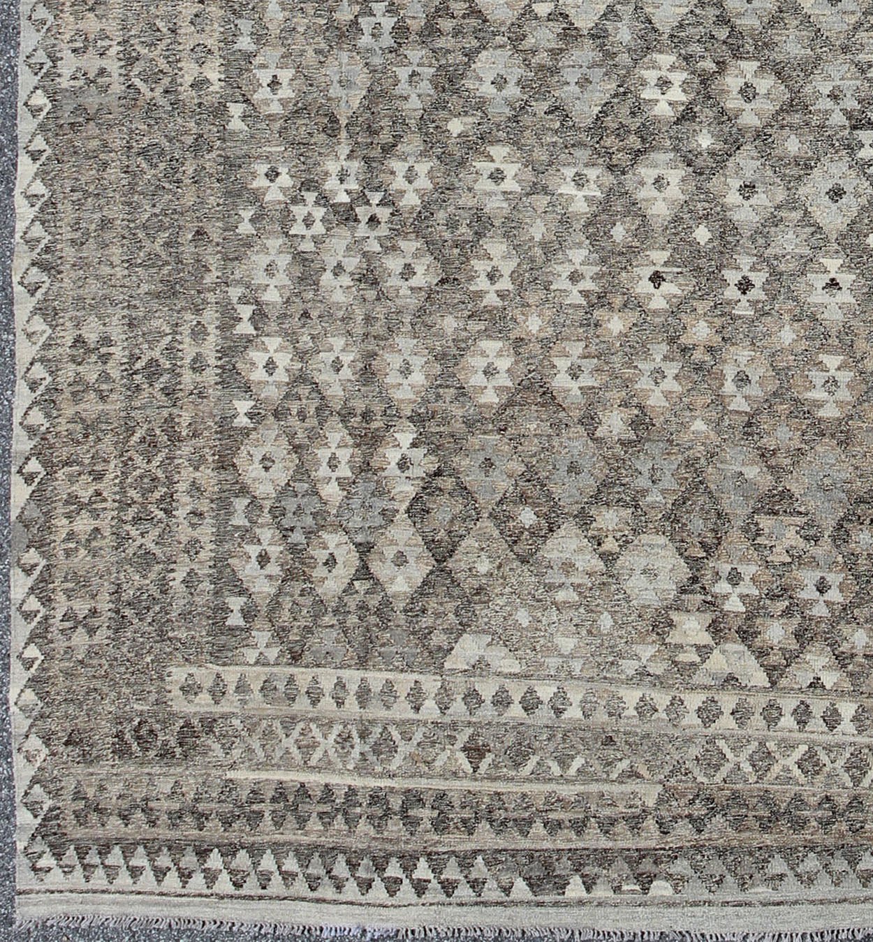 Modern Tribal Afghan Kilim. Measures: 10 x 13. This silver - grey colored piece features a design that evokes an easy vibe, perfect for any modern interior as well as any Classic interiors with a Minimalist floor design. This versatile rug could al... - Keivan Woven ArtsABT - 8120832 - 8489Rug