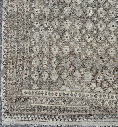 Modern Tribal Afghan Kilim. Measures: 10 x 13. This silver - grey colored piece features a design that evokes an easy vibe, perfect for any modern interior as well as any Classic interiors with a Minimalist floor design. This versatile rug could al... - Keivan Woven ArtsABT - 8120832 - 8489Rug