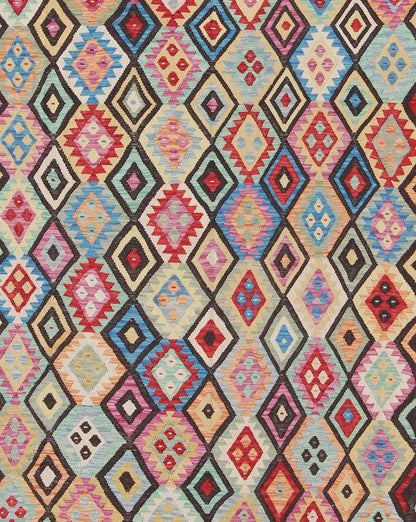 Colorful Tribal Kilim Flat Weave Rug with Chocolate Brown & Bright Multi Colors This flat - woven kilim rug from Afghanistan features a bold geometric design consisting of a variety of colors, including brown, purple, light green, teal, yellow, gr... - Keivan Woven ArtsABT - 8120937 - 8467Rug
