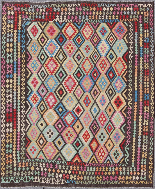 Colorful Tribal Kilim Flat Weave Rug with Chocolate Brown & Bright Multi Colors This flat - woven kilim rug from Afghanistan features a bold geometric design consisting of a variety of colors, including brown, purple, light green, teal, yellow, gr... - Keivan Woven ArtsABT - 8120937 - 8467Rug