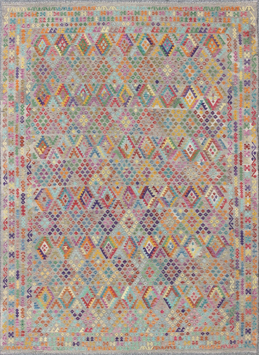 21st Century Afghan Hand Woven Large Modern Kilim Rug in Tribal Design With Multi Colors Keivan Woven Arts, ABT - 8121559, 21st Century Afghan Kilim Rug - 12'7" x 16'1". This large hand - woven Afghan Kilim rug features a beautiful geometric desi... - Keivan Woven ArtsABT - 8121559 - 8471Rug