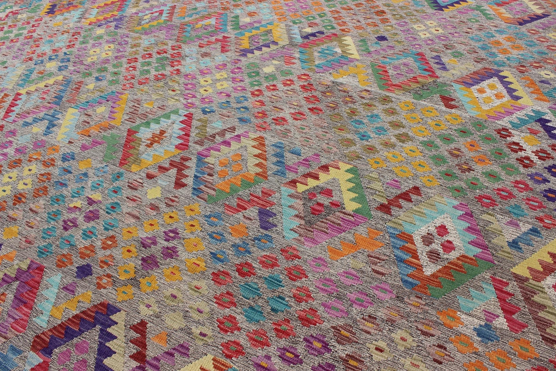 21st Century Afghan Hand Woven Large Modern Kilim Rug in Tribal Design With Multi Colors Keivan Woven Arts, ABT - 8121559, 21st Century Afghan Kilim Rug - 12'7" x 16'1". This large hand - woven Afghan Kilim rug features a beautiful geometric desi... - Keivan Woven ArtsABT - 8121559 - 8471Rug
