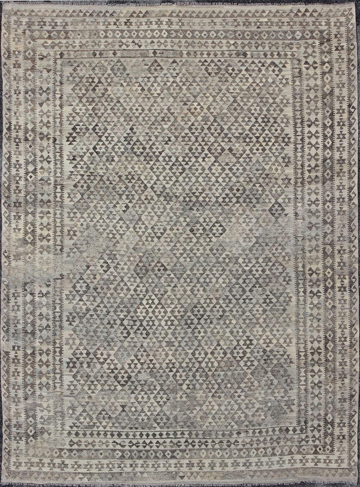Large Tribal modern Kilim in Charcoal, silver, Brown, Silver Blue and Gray. Measures: 10' x 13'. This gorgeous Kilim from Afghanistan features a modern look, rendered in a small scale geometric diamond design enclosed within a border of r... - Keivan Woven ArtsABT - 8132869 - 8485Rug
