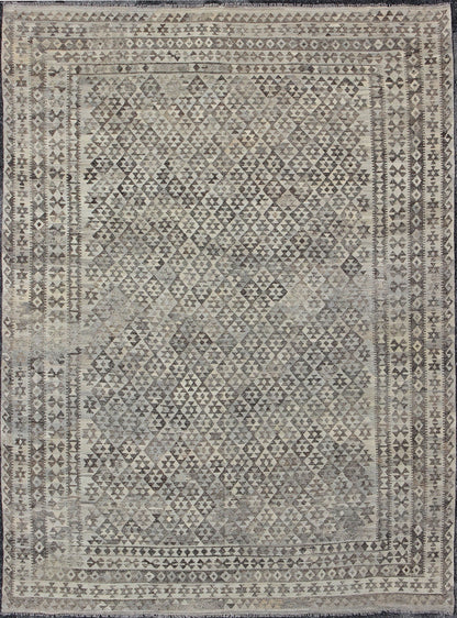 Large Tribal modern Kilim in Charcoal, silver, Brown, Silver Blue and Gray. Measures: 10' x 13'. This gorgeous Kilim from Afghanistan features a modern look, rendered in a small scale geometric diamond design enclosed within a border of r... - Keivan Woven ArtsABT - 8132869 - 8485Rug