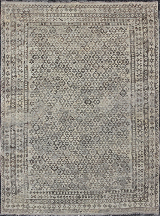 Large Tribal modern Kilim in Charcoal, silver, Brown, Silver Blue and Gray. Measures: 10' x 13'. This gorgeous Kilim from Afghanistan features a modern look, rendered in a small scale geometric diamond design enclosed within a border of r... - Keivan Woven ArtsABT - 8132869 - 8485Rug