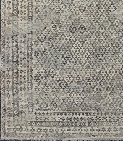 Large Tribal modern Kilim in Charcoal, silver, Brown, Silver Blue and Gray. Measures: 10' x 13'. This gorgeous Kilim from Afghanistan features a modern look, rendered in a small scale geometric diamond design enclosed within a border of r... - Keivan Woven ArtsABT - 8132869 - 8485Rug