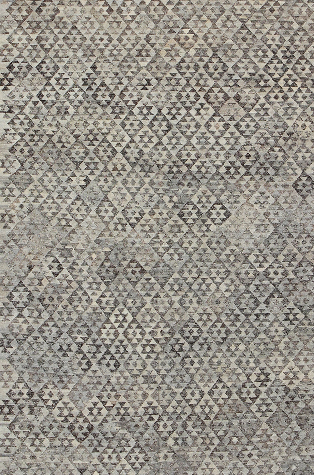Large Tribal modern Kilim in Charcoal, silver, Brown, Silver Blue and Gray. Measures: 10' x 13'. This gorgeous Kilim from Afghanistan features a modern look, rendered in a small scale geometric diamond design enclosed within a border of r... - Keivan Woven ArtsABT - 8132869 - 8485Rug