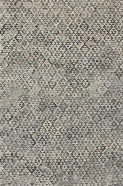 Large Tribal modern Kilim in Charcoal, silver, Brown, Silver Blue and Gray. Measures: 10' x 13'. This gorgeous Kilim from Afghanistan features a modern look, rendered in a small scale geometric diamond design enclosed within a border of r... - Keivan Woven ArtsABT - 8132869 - 8485Rug
