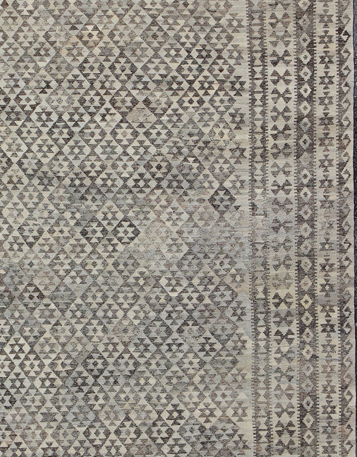 Large Tribal modern Kilim in Charcoal, silver, Brown, Silver Blue and Gray. Measures: 10' x 13'. This gorgeous Kilim from Afghanistan features a modern look, rendered in a small scale geometric diamond design enclosed within a border of r... - Keivan Woven ArtsABT - 8132869 - 8485Rug