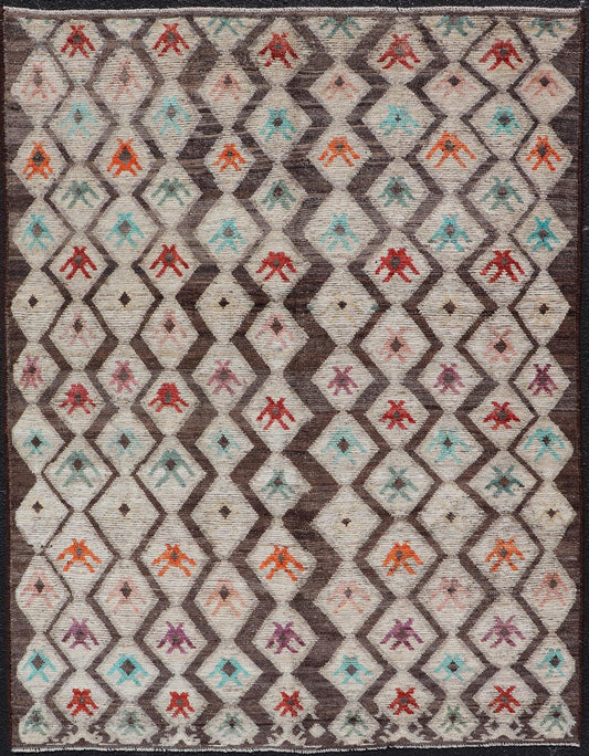 Modern Hand - Knotted Rug in Wool with Sub - Geometric Diamond Design in Multicolor This modern casual tribal rug has been hand - knotted. The rug features a modern all - over sub - geometric diamond design, replete with various motifs in multicolor, mak... - Keivan Woven ArtsAFG - 004 - 563Rug