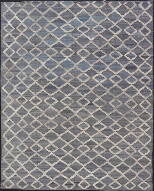 Modern Hand - Woven Kilim in Wool with Sub - Geometric Interlocked Diamond Design This modern flat - weave kilim has been hand - woven. The rug features a modern sub - geometric interlocked diamond design, rendered in blues, grays and cream; making this r... - Keivan Woven ArtsAFG - 037 - 19664