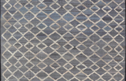 Modern Hand - Woven Kilim in Wool with Sub - Geometric Interlocked Diamond Design This modern flat - weave kilim has been hand - woven. The rug features a modern sub - geometric interlocked diamond design, rendered in blues, grays and cream; making this r... - Keivan Woven ArtsAFG - 037 - 19664Rug