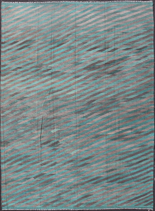 Modern Afghan Hand - Woven Kilim in Wool with Sub - Geometric Slanted Stripe Design This flat - weave kilim has been hand - woven. The rug features a modern slanted stripe design, rendered in green and shades of gray; making this rug a superb fit for a... - Keivan Woven ArtsAFG - 044 - 19676Rug