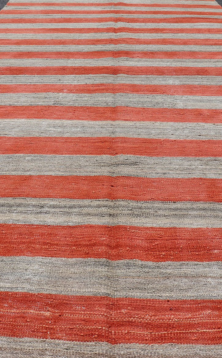 Flat - Weave Modern Kilim wide runner with Stripes in Shades of Orange red & Gray. Wide runner flat weave Kilim runner with stripes with modern design in shades of gray and orange red, rug AFG - 109, country of origin / type: Afghanistan / Kilim ... - Keivan Woven ArtsAFG - 109 - 15783Rug