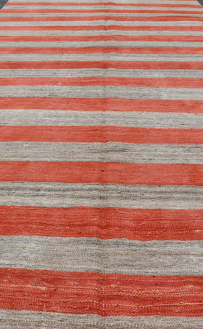 Flat - Weave Modern Kilim wide runner with Stripes in Shades of Orange red & Gray. Wide runner flat weave Kilim runner with stripes with modern design in shades of gray and orange red, rug AFG - 109, country of origin / type: Afghanistan / Kilim ... - Keivan Woven ArtsAFG - 109 - 15783Rug