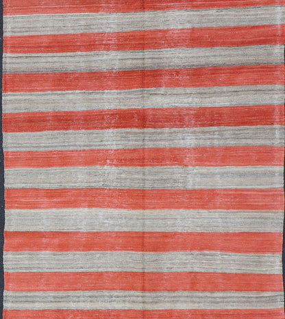 Flat - Weave Modern Kilim wide runner with Stripes in Shades of Orange red & Gray. Wide runner flat weave Kilim runner with stripes with modern design in shades of gray and orange red, rug AFG - 109, country of origin / type: Afghanistan / Kilim ... - Keivan Woven ArtsAFG - 109 - 15783Rug