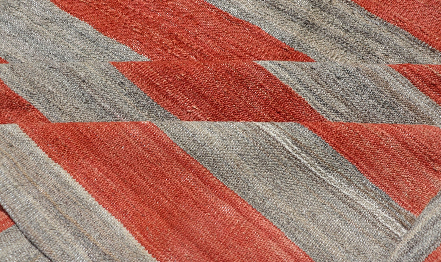 Flat - Weave Modern Kilim wide runner with Stripes in Shades of Orange red & Gray. Wide runner flat weave Kilim runner with stripes with modern design in shades of gray and orange red, rug AFG - 109, country of origin / type: Afghanistan / Kilim ... - Keivan Woven ArtsAFG - 109 - 15783Rug