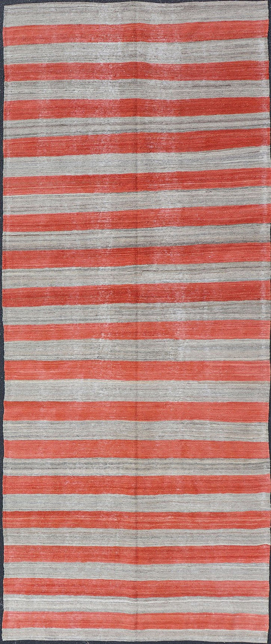 Flat - Weave Modern Kilim wide runner with Stripes in Shades of Orange red & Gray. Wide runner flat weave Kilim runner with stripes with modern design in shades of gray and orange red, rug AFG - 109, country of origin / type: Afghanistan / Kilim ... - Keivan Woven ArtsAFG - 109 - 15783Rug