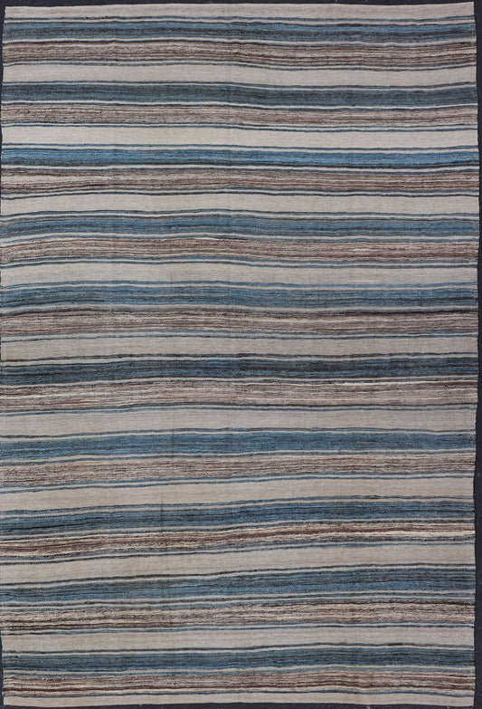 Versatile Striped Design and Natural Brown, Cream, and Blue Flat - Weave Kilim Versatile and natural blue, cream and brown flat - weave Kilim for a Modern or Classic design Flat - weave Kilim rug with brown tones, Keivan Woven Arts , rug AFG - 114, ... - Keivan Woven ArtsAFG - 114 - 15787