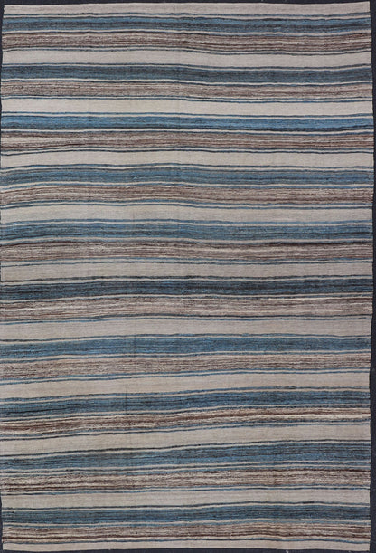 Versatile Striped Design and Natural Brown, Cream, and Blue Flat - Weave Kilim Versatile and natural blue, cream and brown flat - weave Kilim for a Modern or Classic design Flat - weave Kilim rug with brown tones, Keivan Woven Arts , rug AFG - 114, ... - Keivan Woven ArtsAFG - 114 - 15787Rug