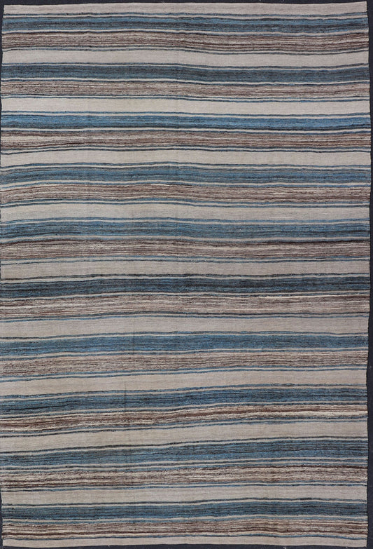 Versatile Striped Design and Natural Brown, Cream, and Blue Flat - Weave Kilim Versatile and natural blue, cream and brown flat - weave Kilim for a Modern or Classic design Flat - weave Kilim rug with brown tones, Keivan Woven Arts , rug AFG - 114, ... - Keivan Woven ArtsAFG - 114 - 15787Rug