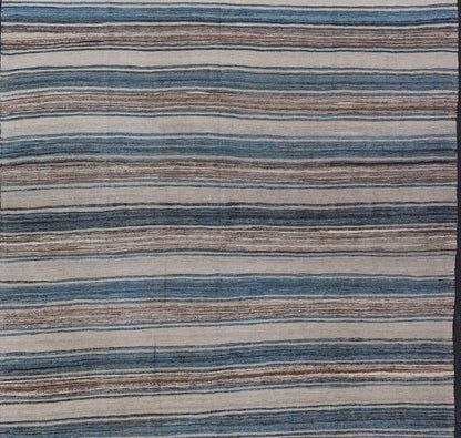 Versatile Striped Design and Natural Brown, Cream, and Blue Flat - Weave Kilim Versatile and natural blue, cream and brown flat - weave Kilim for a Modern or Classic design Flat - weave Kilim rug with brown tones, Keivan Woven Arts , rug AFG - 114, ... - Keivan Woven ArtsAFG - 114 - 15787Rug
