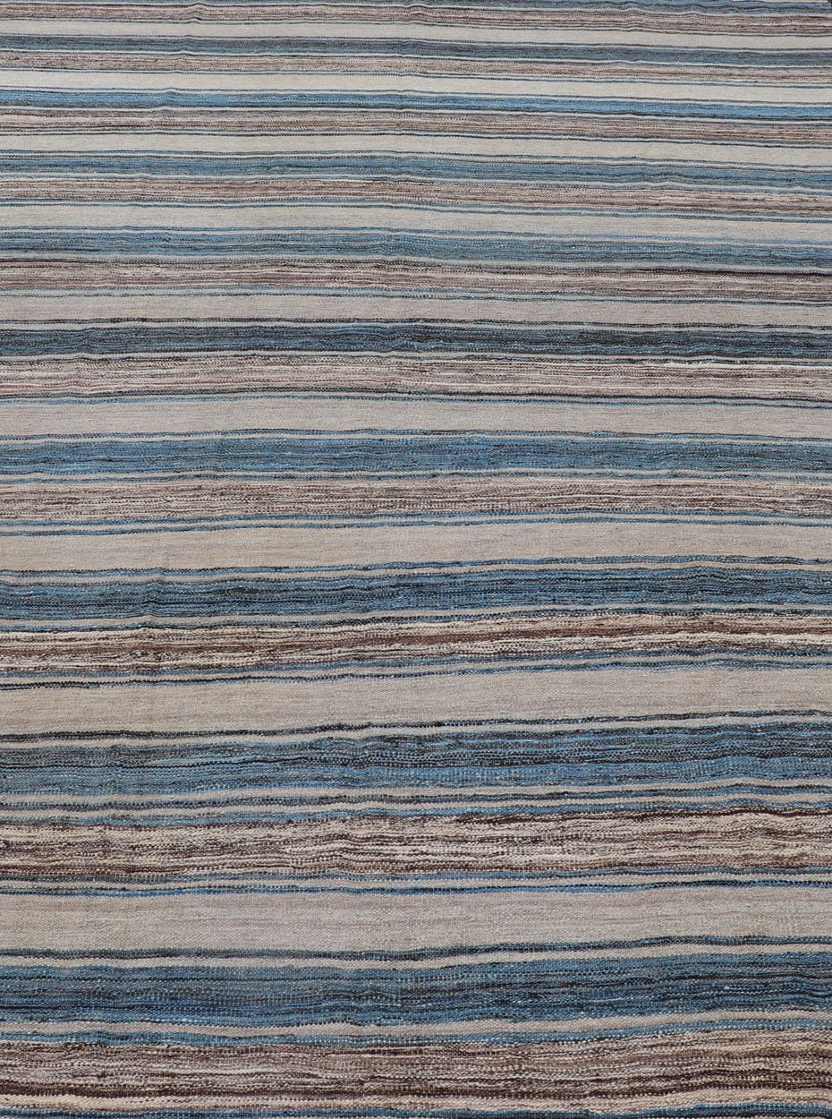 Versatile Striped Design and Natural Brown, Cream, and Blue Flat - Weave Kilim Versatile and natural blue, cream and brown flat - weave Kilim for a Modern or Classic design Flat - weave Kilim rug with brown tones, Keivan Woven Arts , rug AFG - 114, ... - Keivan Woven ArtsAFG - 114 - 15787Rug