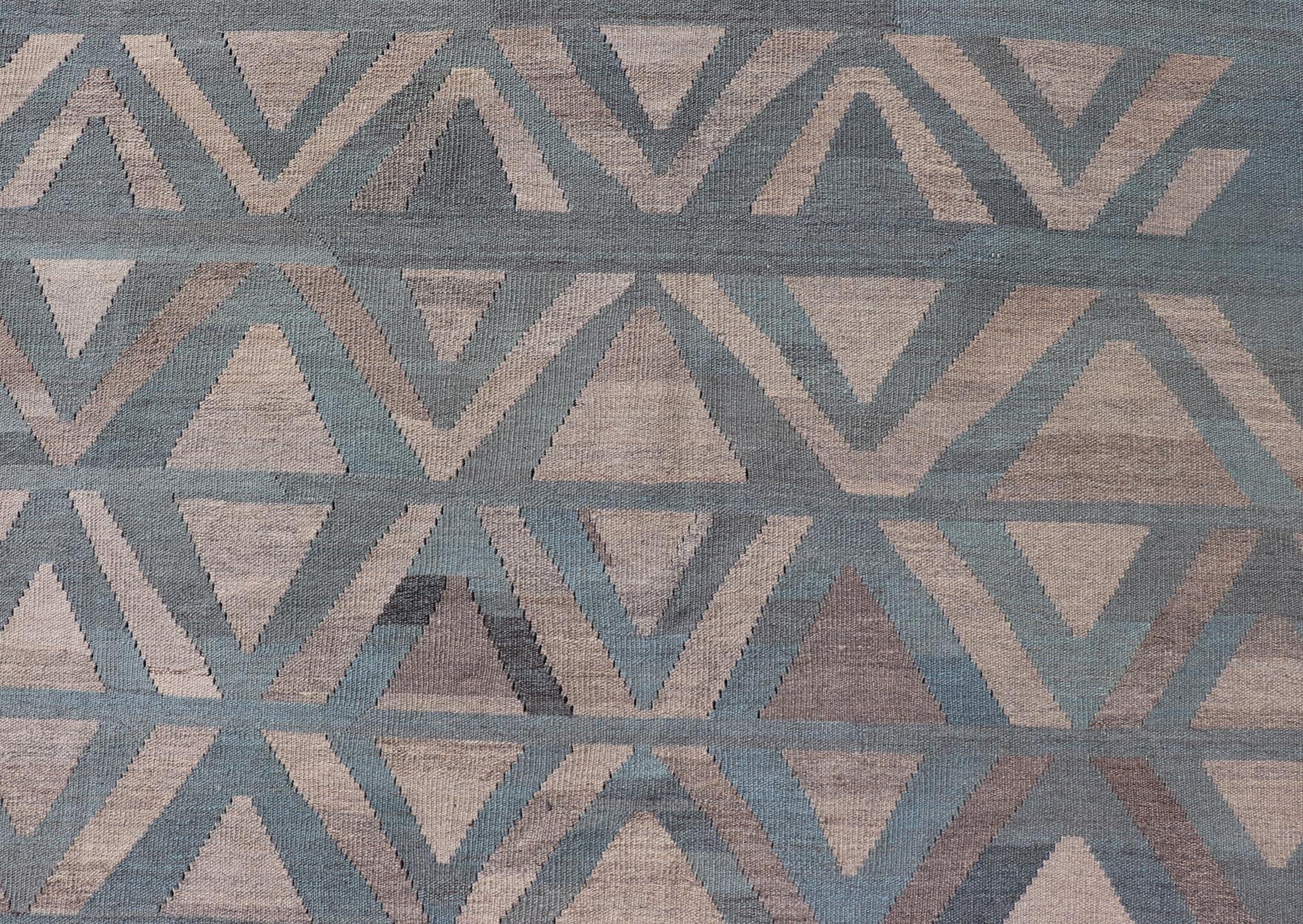 Modern Hand - Knotted Rug in Wool with Geometric Diamond Pattern in Blue and Brown This modern design kilim is hand - woven in Afghanistan. The rug features a modern geometric diamond design, replete with various motifs in multicolor, making this ru... - Keivan Woven ArtsAFG - 115 - 19682Rug