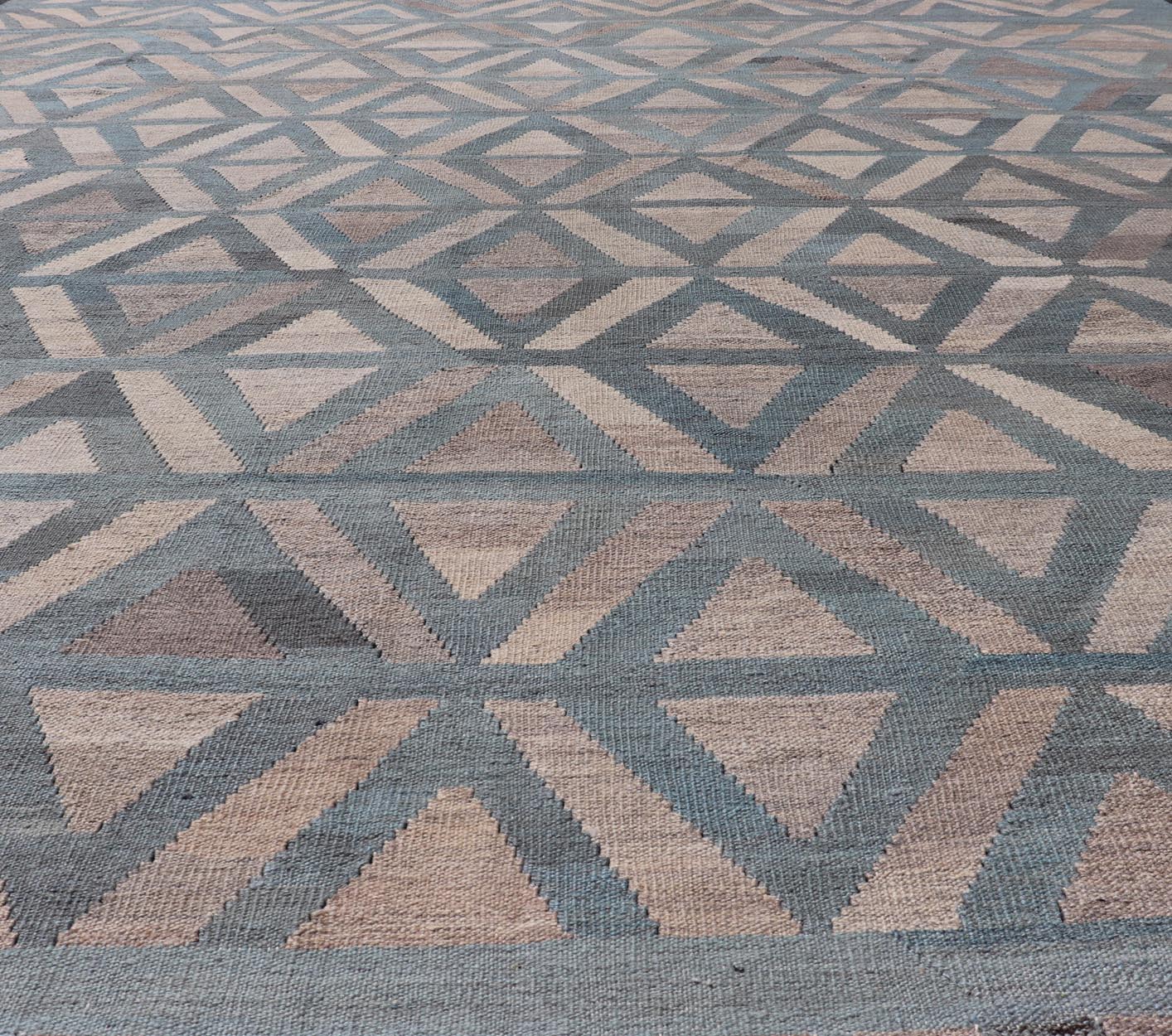 Modern Hand - Knotted Rug in Wool with Geometric Diamond Pattern in Blue and Brown This modern design kilim is hand - woven in Afghanistan. The rug features a modern geometric diamond design, replete with various motifs in multicolor, making this ru... - Keivan Woven ArtsAFG - 115 - 19682Rug