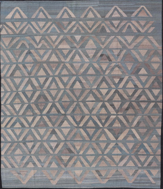 Modern Hand - Knotted Rug in Wool with Geometric Diamond Pattern in Blue and Brown This modern design kilim is hand - woven in Afghanistan. The rug features a modern geometric diamond design, replete with various motifs in multicolor, making this ru... - Keivan Woven ArtsAFG - 115 - 19682Rug