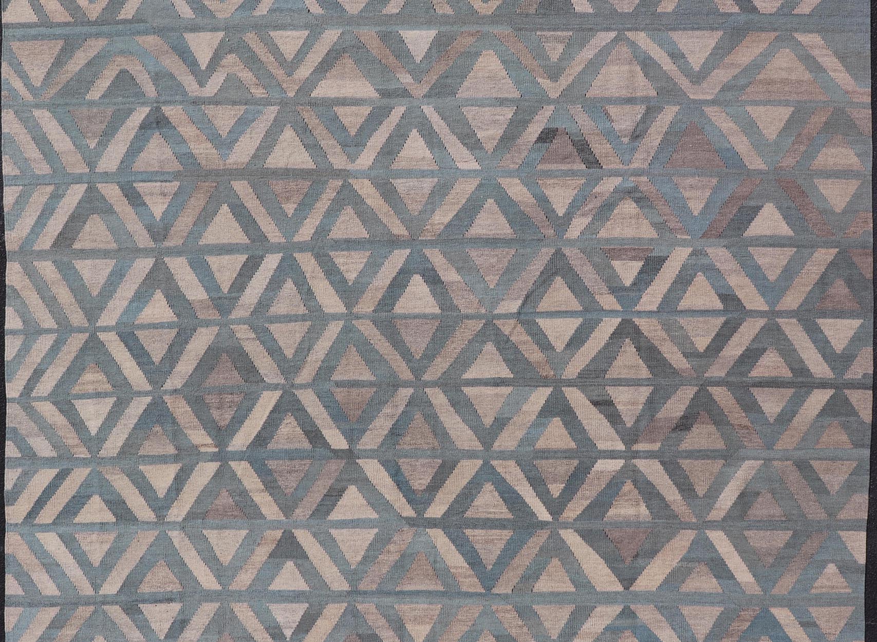 Modern Hand - Knotted Rug in Wool with Geometric Diamond Pattern in Blue and Brown This modern design kilim is hand - woven in Afghanistan. The rug features a modern geometric diamond design, replete with various motifs in multicolor, making this ru... - Keivan Woven ArtsAFG - 115 - 19682Rug