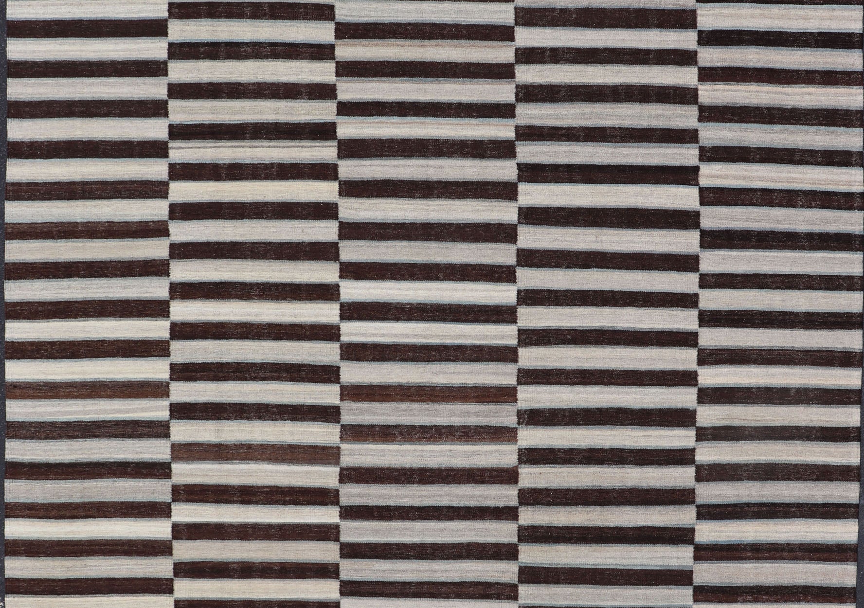 Modern Flat - Weave Kilim Rug in Multi - Panel Striped Design with Chocolate Brown, cream & Light blue Modern flat - weave Kilim rug with stripes in shades of Chocolate Brown, cream & Light blue , gray and cream, Keivan Woven Arts / rug AFG - 116, count... - Keivan Woven ArtsAFG - 116 - 15791Rug