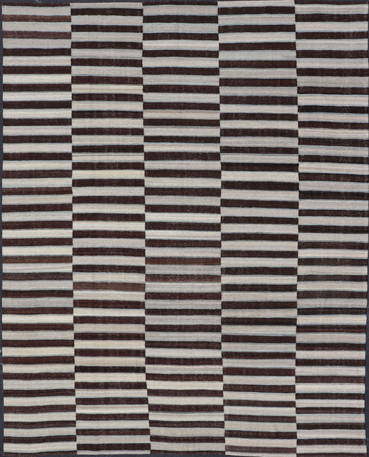 Modern Flat - Weave Kilim Rug in Multi - Panel Striped Design with Chocolate Brown, cream & Light blue Modern flat - weave Kilim rug with stripes in shades of Chocolate Brown, cream & Light blue , gray and cream, Keivan Woven Arts / rug AFG - 116, count... - Keivan Woven ArtsAFG - 116 - 15791Rug