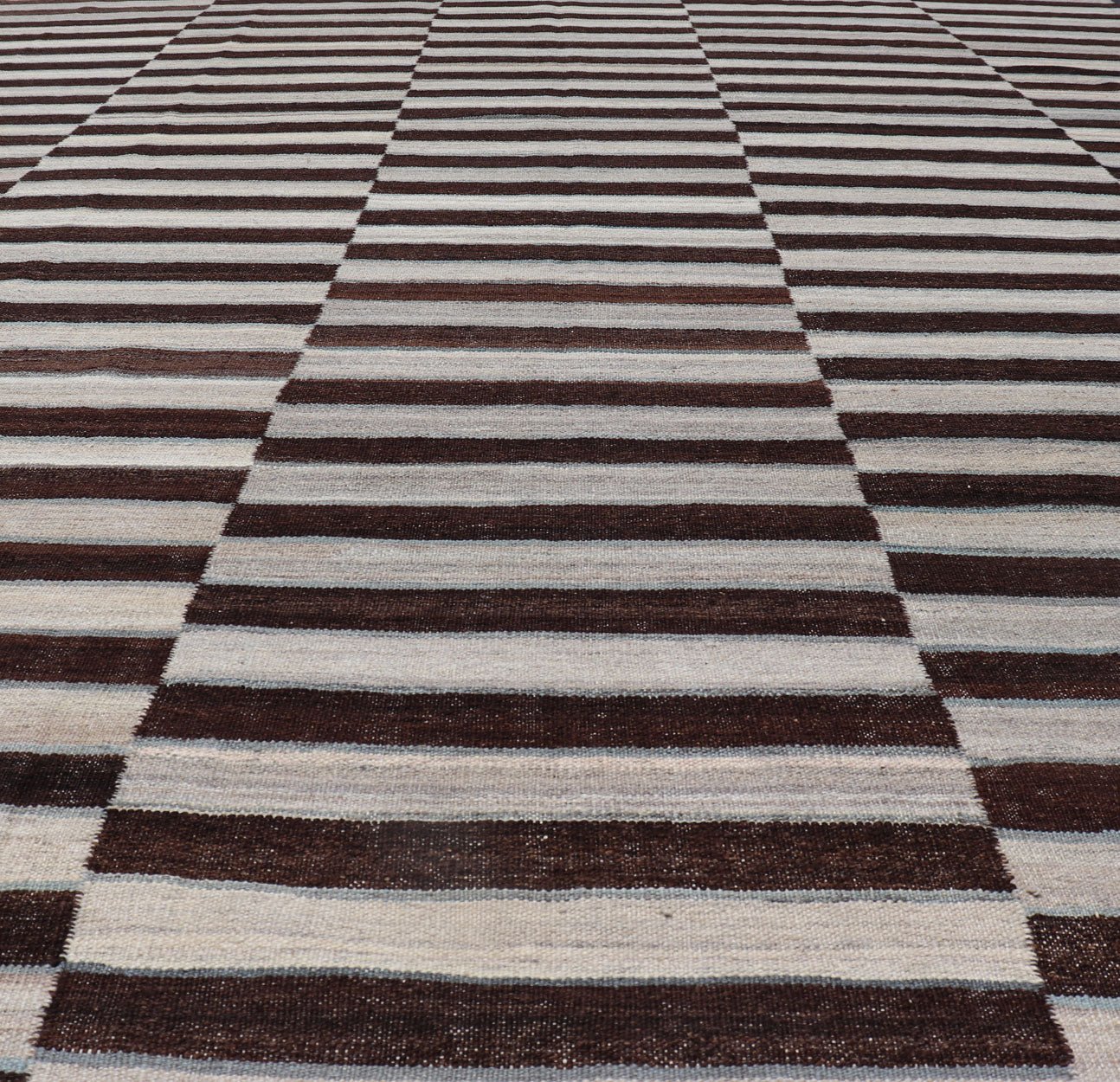 Modern Flat - Weave Kilim Rug in Multi - Panel Striped Design with Chocolate Brown, cream & Light blue Modern flat - weave Kilim rug with stripes in shades of Chocolate Brown, cream & Light blue , gray and cream, Keivan Woven Arts / rug AFG - 116, count... - Keivan Woven ArtsAFG - 116 - 15791Rug