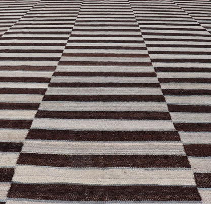 Modern Flat - Weave Kilim Rug in Multi - Panel Striped Design with Chocolate Brown, cream & Light blue Modern flat - weave Kilim rug with stripes in shades of Chocolate Brown, cream & Light blue , gray and cream, Keivan Woven Arts / rug AFG - 116, count... - Keivan Woven ArtsAFG - 116 - 15791Rug
