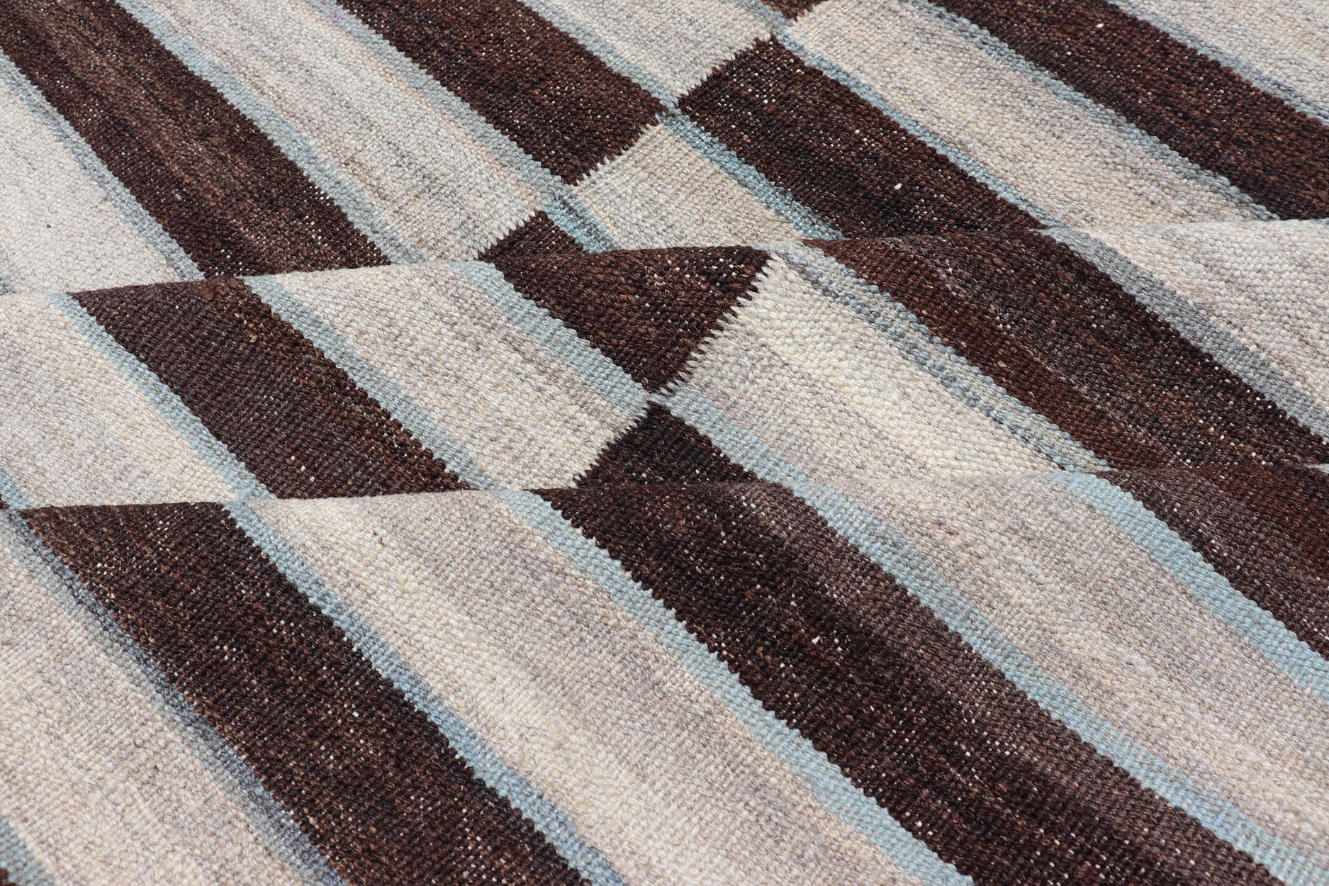 Modern Flat - Weave Kilim Rug in Multi - Panel Striped Design with Chocolate Brown, cream & Light blue Modern flat - weave Kilim rug with stripes in shades of Chocolate Brown, cream & Light blue , gray and cream, Keivan Woven Arts / rug AFG - 116, count... - Keivan Woven ArtsAFG - 116 - 15791Rug