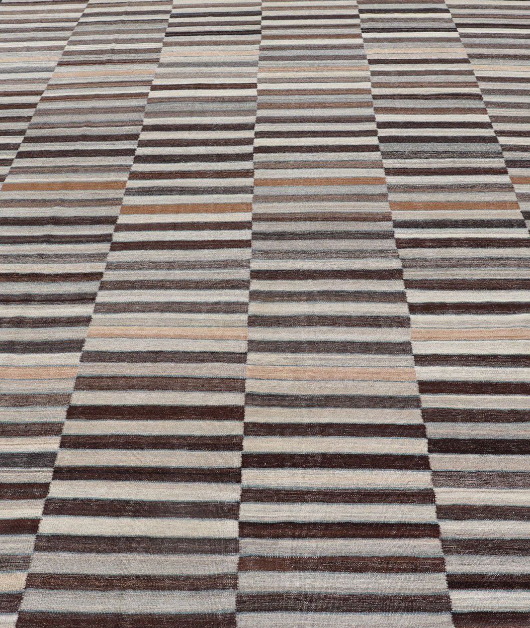 Modern Flat - Weave Kilim Rug in Multi - Panel Striped Design in Earthy Tones Modern Flat - Weave Kilim Rug in Multi - Panel Striped Design in Earthy Tones. Modern flat - weave Kilim rug with stripes in shades of taupe, charcoal, gray and cream. Keivan Wo... - Keivan Woven ArtsAFG - 119 - 15795Rug