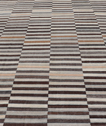 Modern Flat - Weave Kilim Rug in Multi - Panel Striped Design in Earthy Tones Modern Flat - Weave Kilim Rug in Multi - Panel Striped Design in Earthy Tones. Modern flat - weave Kilim rug with stripes in shades of taupe, charcoal, gray and cream. Keivan Wo... - Keivan Woven ArtsAFG - 119 - 15795Rug