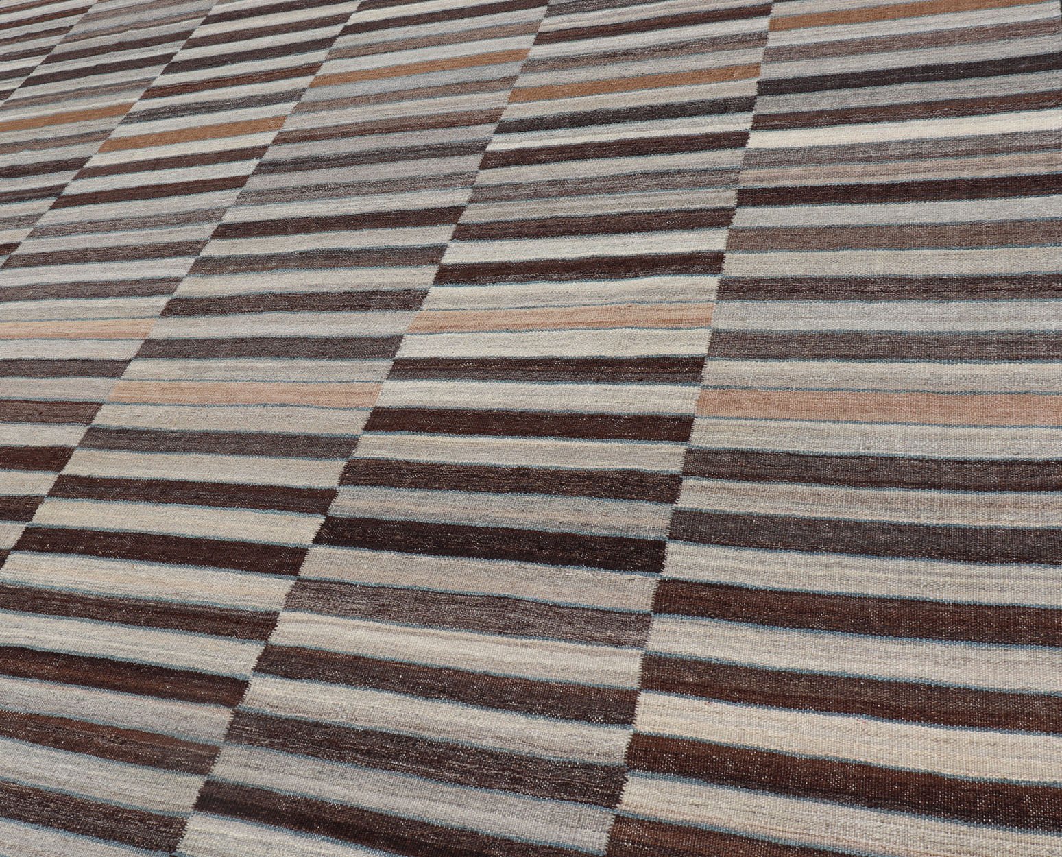 Modern Flat - Weave Kilim Rug in Multi - Panel Striped Design in Earthy Tones Modern Flat - Weave Kilim Rug in Multi - Panel Striped Design in Earthy Tones. Modern flat - weave Kilim rug with stripes in shades of taupe, charcoal, gray and cream. Keivan Wo... - Keivan Woven ArtsAFG - 119 - 15795Rug