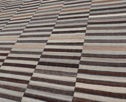 Modern Flat - Weave Kilim Rug in Multi - Panel Striped Design in Earthy Tones Modern Flat - Weave Kilim Rug in Multi - Panel Striped Design in Earthy Tones. Modern flat - weave Kilim rug with stripes in shades of taupe, charcoal, gray and cream. Keivan Wo... - Keivan Woven ArtsAFG - 119 - 15795Rug